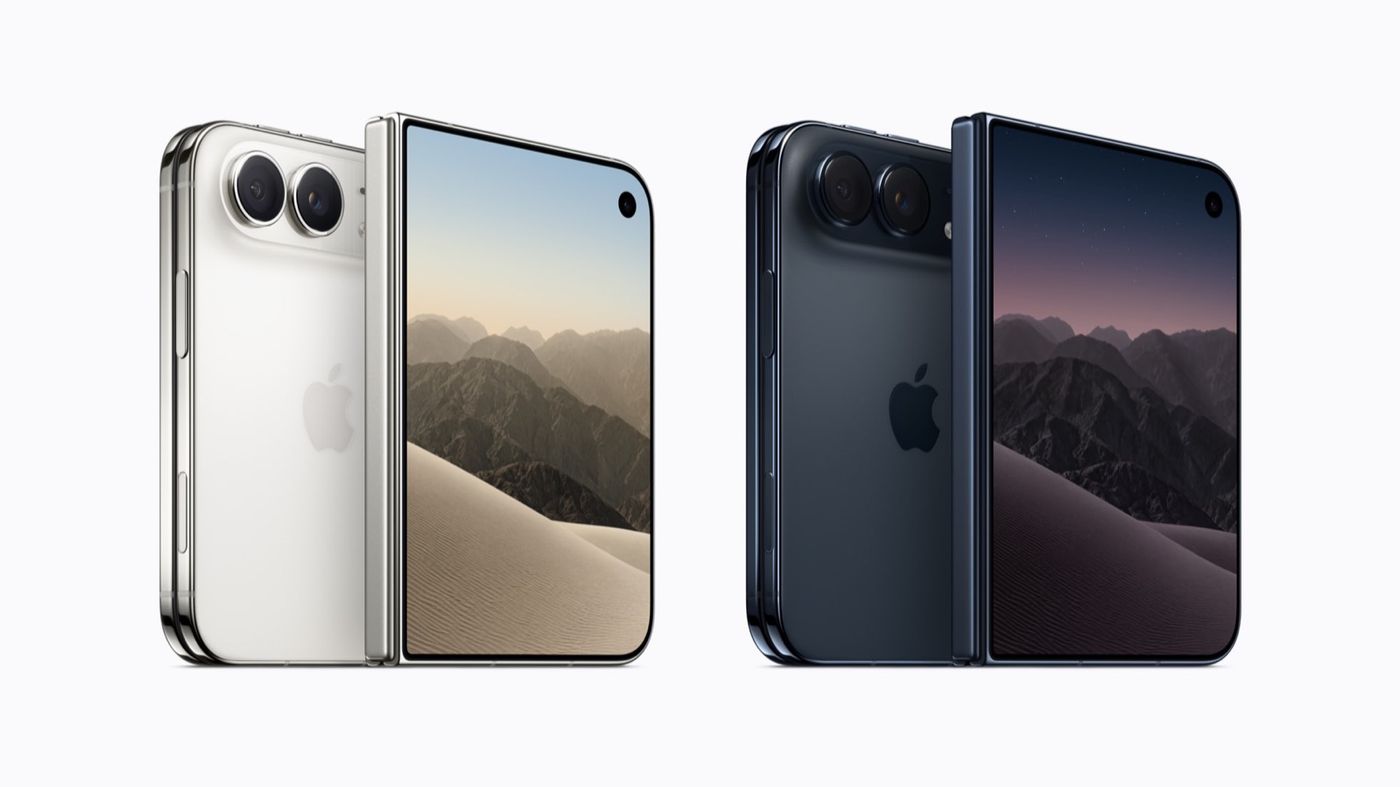 iPhone Duo v barvách nebesky bílá a soumračně modrá, zavřený i otevřený (tisková fotografie Apple)